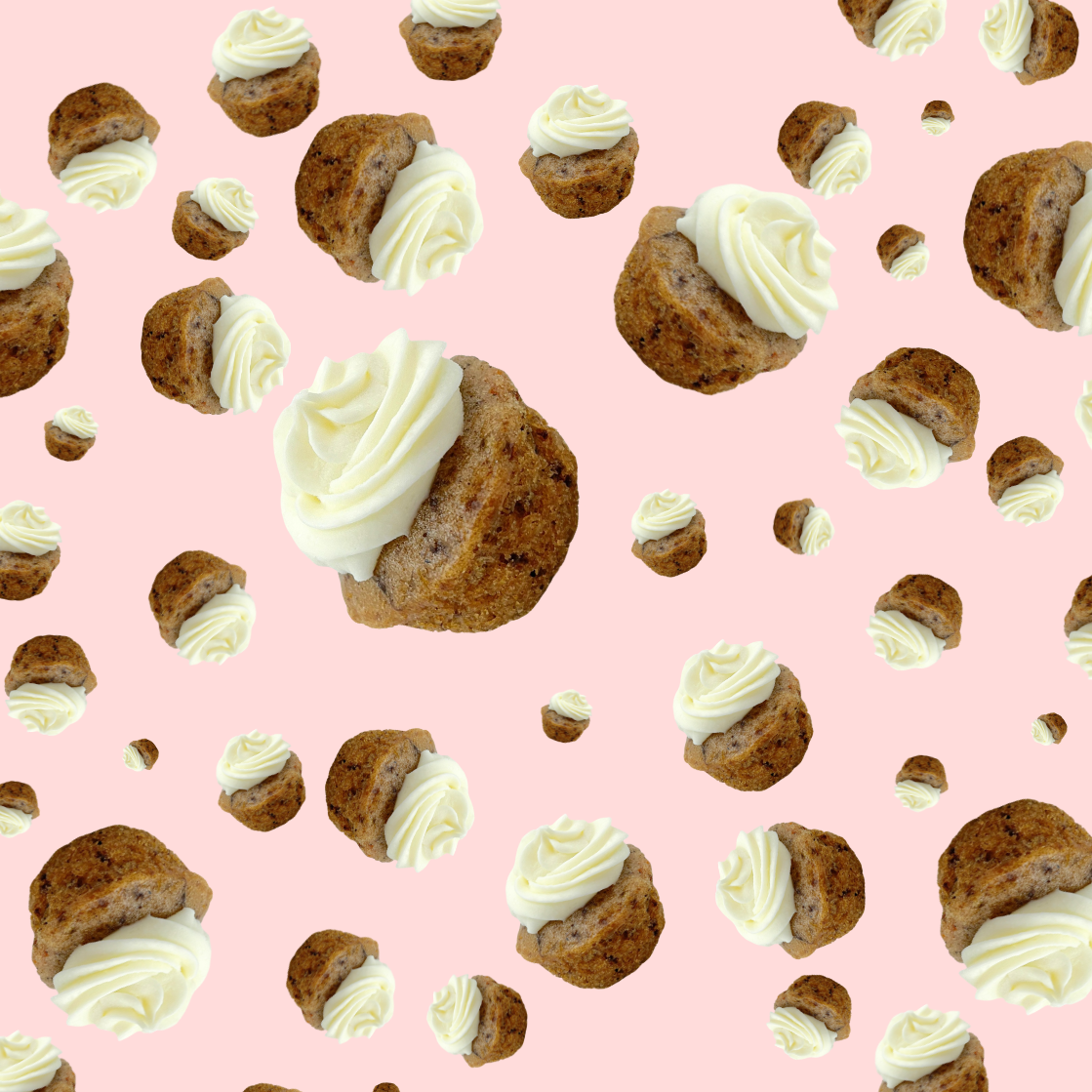 Sweeties cupcakes with white frosting falling across a pink background