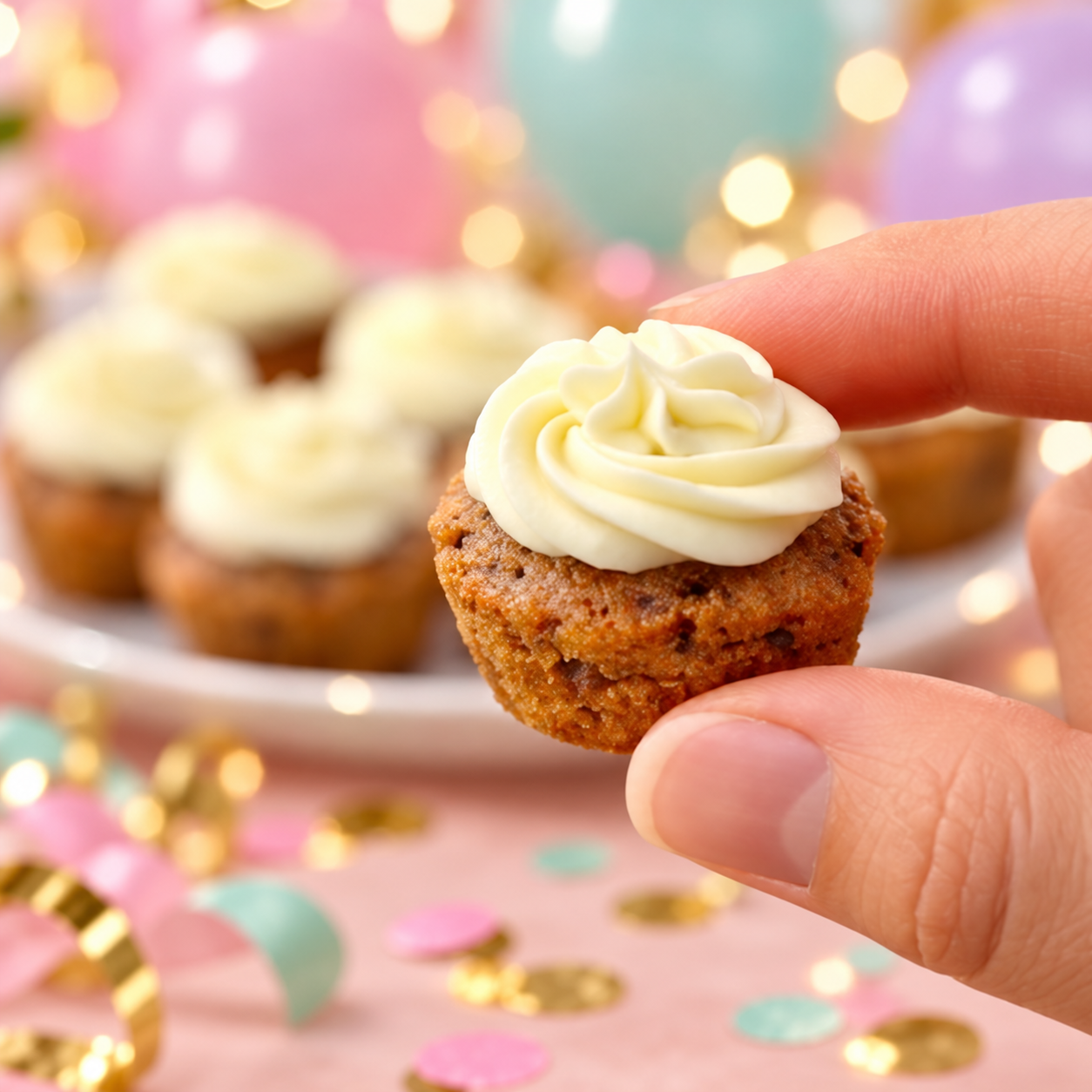 A tiny carrot cake cupcake held between two fingers against pastel balloons and party confetti