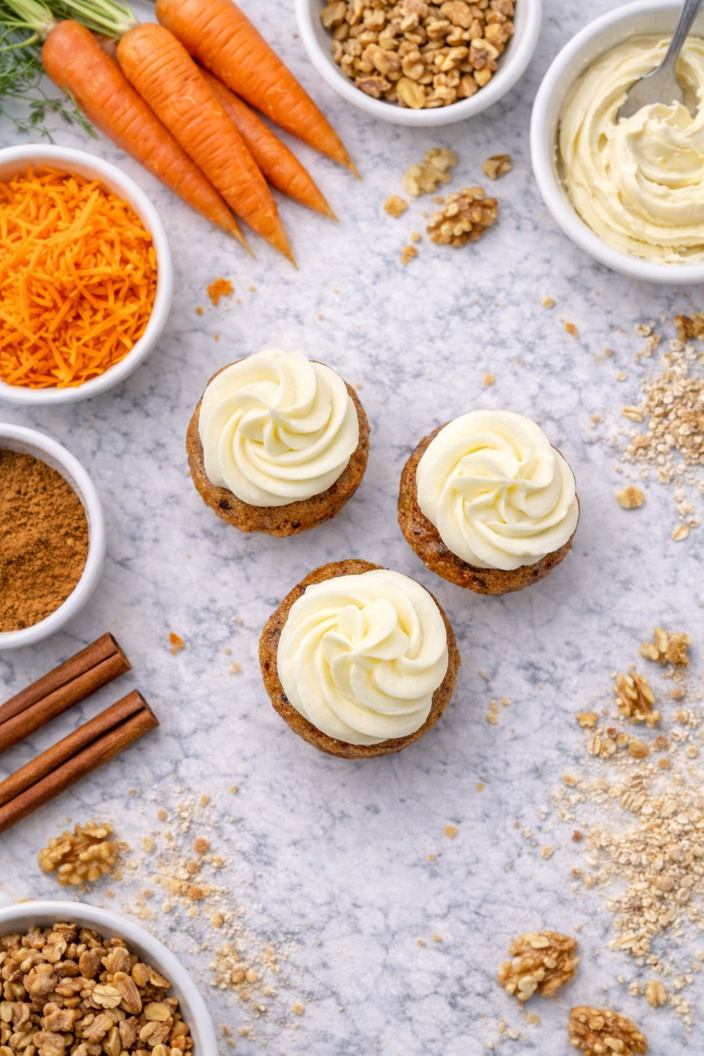 Three frosted carrot cake cupcakes surrounded by carrots, walnuts, cinnamon and other baking ingredients